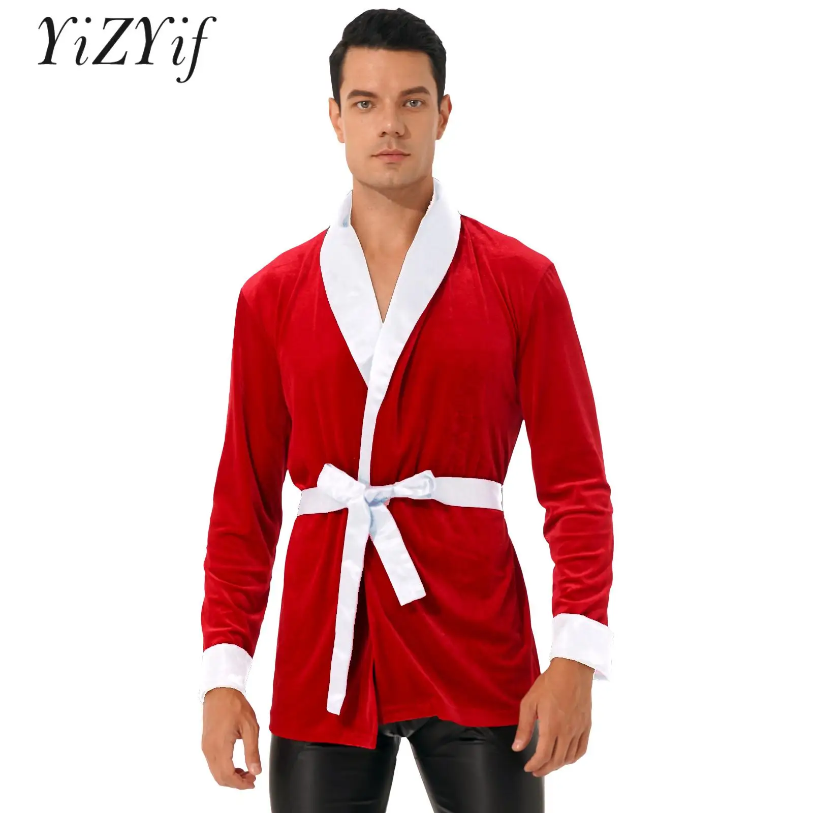 

Mens Red Night-robe Top Christmas Theme Party Dress Up Mr Santa Claus Cosplay Costume Warm Velvet Robe Loungewear Nightwear