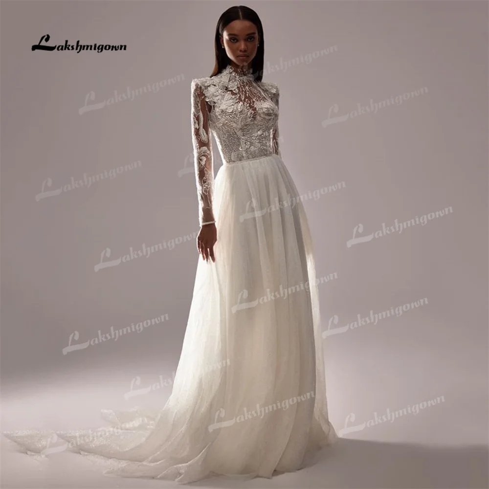 

Lakshmigown роскошное кружевное платье с блестками и высоким воротником ТРАПЕЦИЕВИДНОЕ свадебное платье длиной до пола роскошное классическое винтажное платье невесты