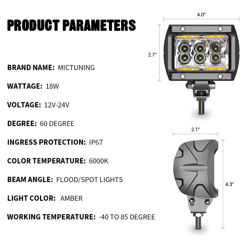 Work Light Led Light Bar MICTUNING Car Led Work Light Bar Unlimited-GO K1 4" 18W LED Flood Work Lamp With Amber Ambient Light For Jeep ATV SUV Truck Boat