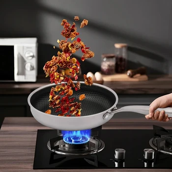 Padella in acciaio inossidabile 316, padella antiaderente a nido d'ape, wok domestico con coperchio in vetro temperato, padella da cucina 1