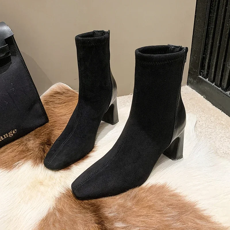 

Autumn Winter Women Ankle Boots Fashion Back Zippers Ladies Elegant Sock Short Boot Square High Heel Women's Footwear