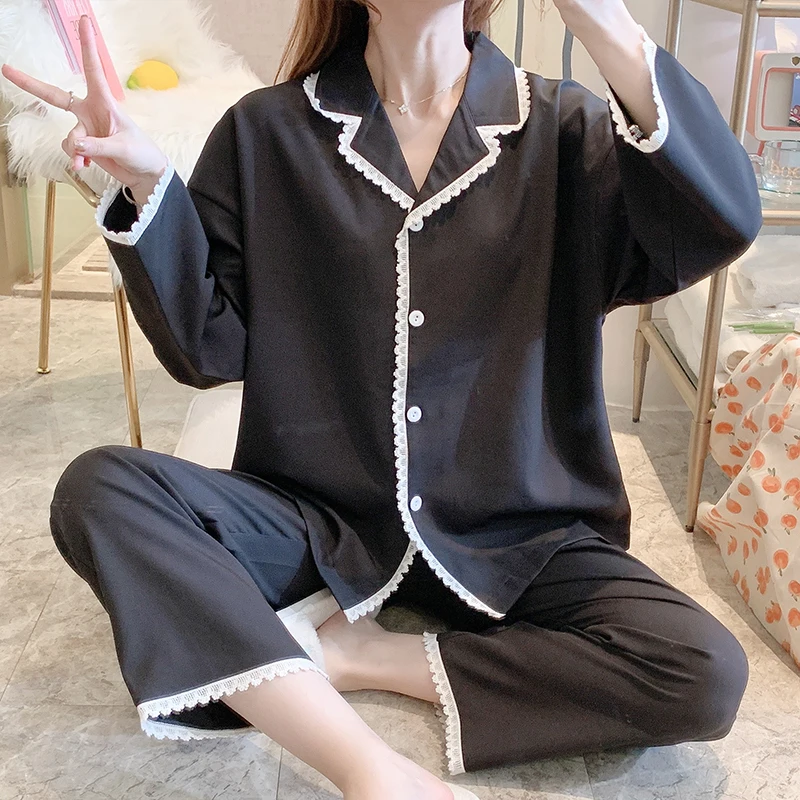 

Long Sleeve Black Lace Pajamas Set Autumn Winter Women Top Loungewear Nightwear for Women Sleepwear Set Youth Girl Tracksuit