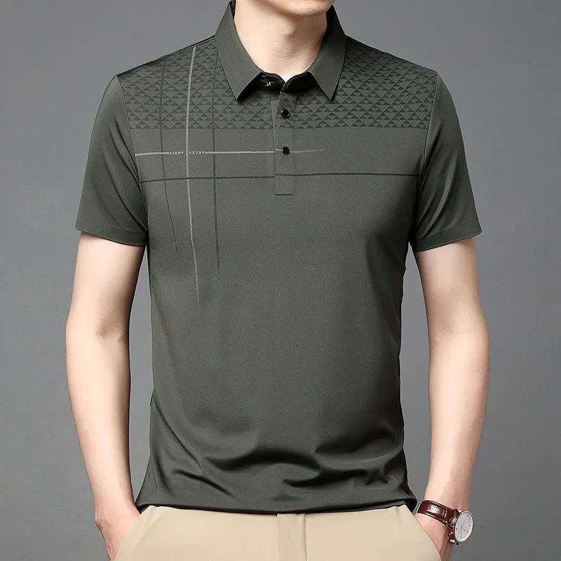 

Summer Thin Short Sleeve T-shirts Turn-down Collar Men's Clothing Business Casual All-match Printed Fashion Button Polo Shirts