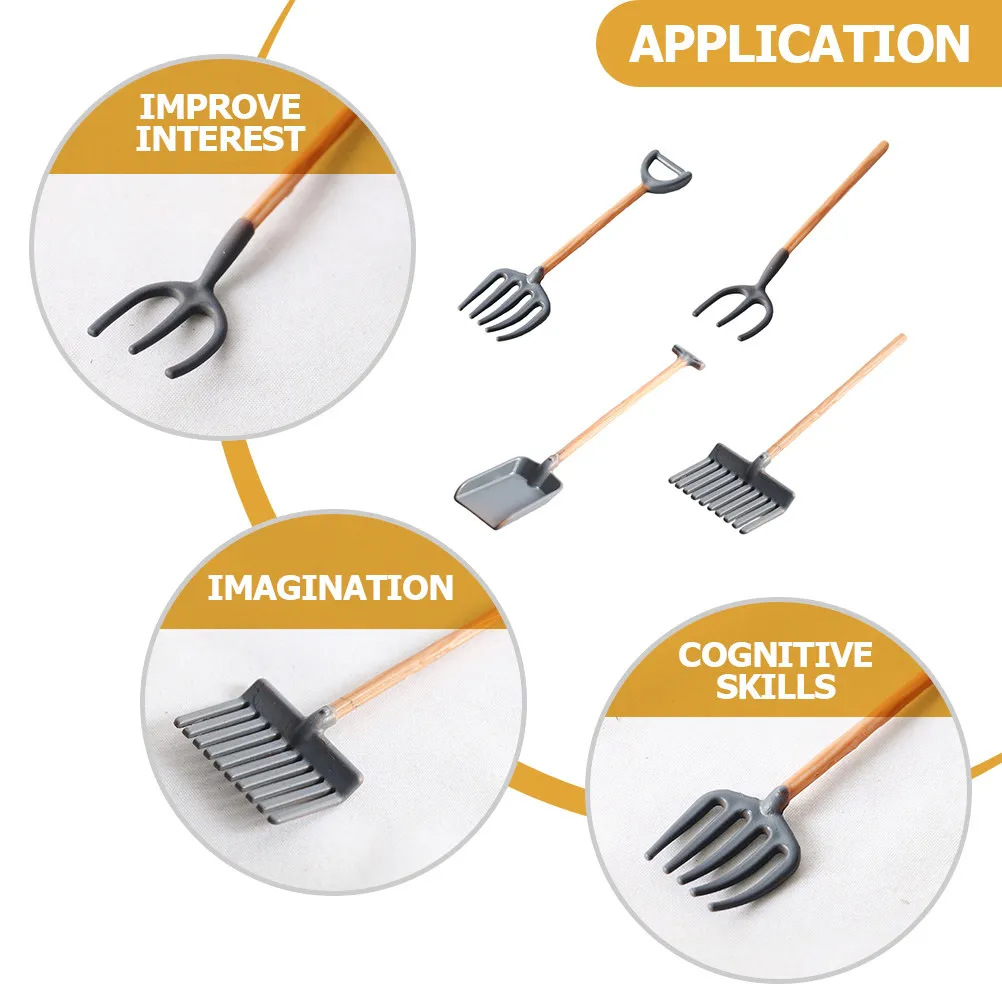 4Pcs 소박한 미니 농장 도구 세트 인형 집 액세서리 용 절묘한 미니어처 갈퀴 삽 미니 조경 장식 교육