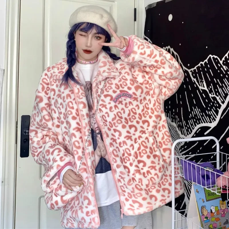 Harajuku Jackets Women Ins Fashion Chic Pink Leopard High Street College Teens Outwear Daily Casual Zipper Popular Lady Overcoat