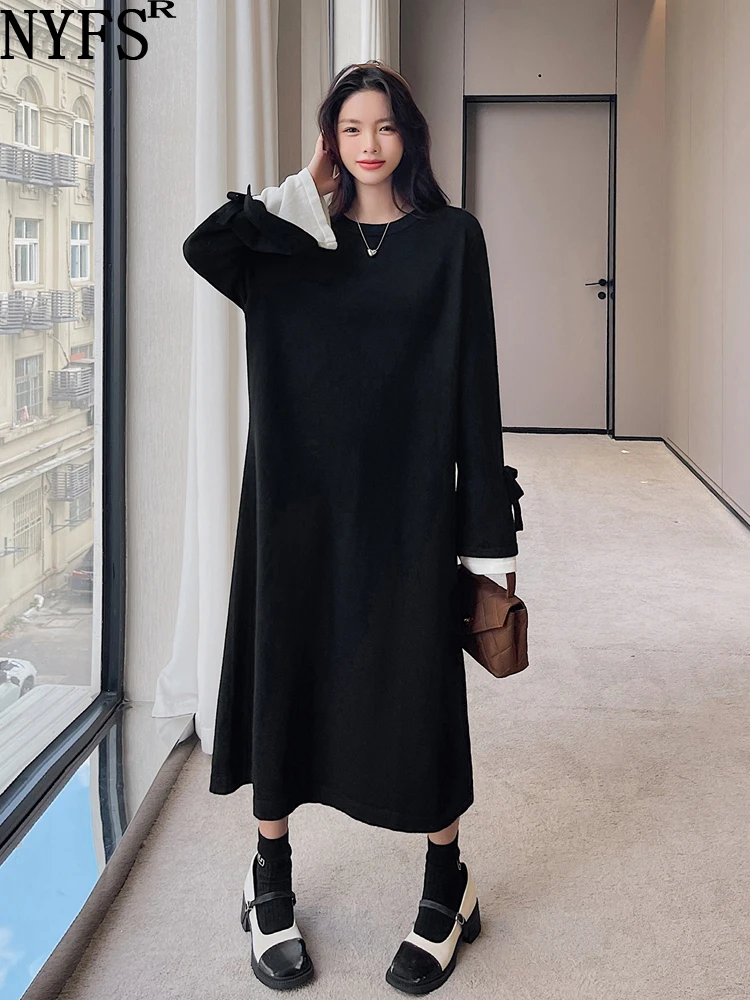 

NYFS 2023 Spring New Woman Dress Vestidos Robe Femme Elbise Loose Plus Size False Two-Piece Panel Bow Sleeves Long Dress