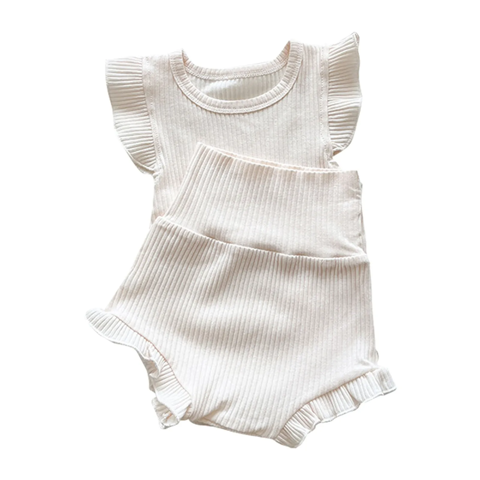 Summer Baby Suit Toddler Boys Girls Ruffle Romper+High Waist Shorts Solid Color Two Pieces Outfits Children's Home Clothes Set