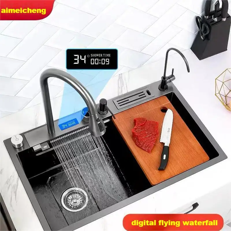 

Nano 304 Stainless Steel Sink Waterfall Faucet Kitchen Sink Digital Display Large Single Sinks