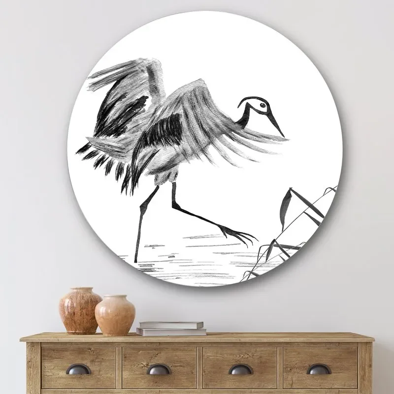 

'Monochrome Japanese Oriental Bird' Traditional Circle Metal Wall Art 36x36 - Disc of 36