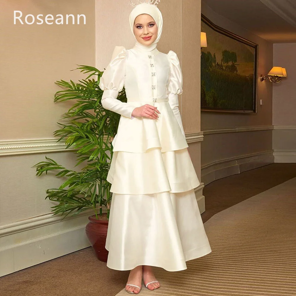 

Muslim A-line Wedding Dresses Layered Button High Collar Draped Pleat Satin Bride Dresses Floor Length Full robe de mariée