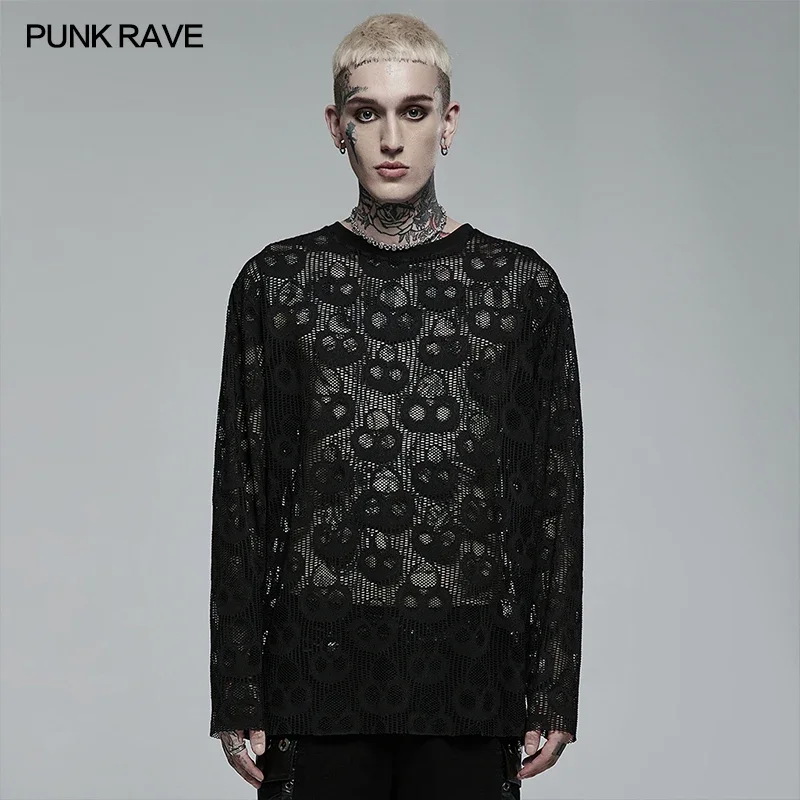 

PUNK RAVE Men's Punk Daily Wear Skull Mesh Long Sleeve Loose T-shirt Gothic Fashion Casual Tees Spring Autumn Men Clothing