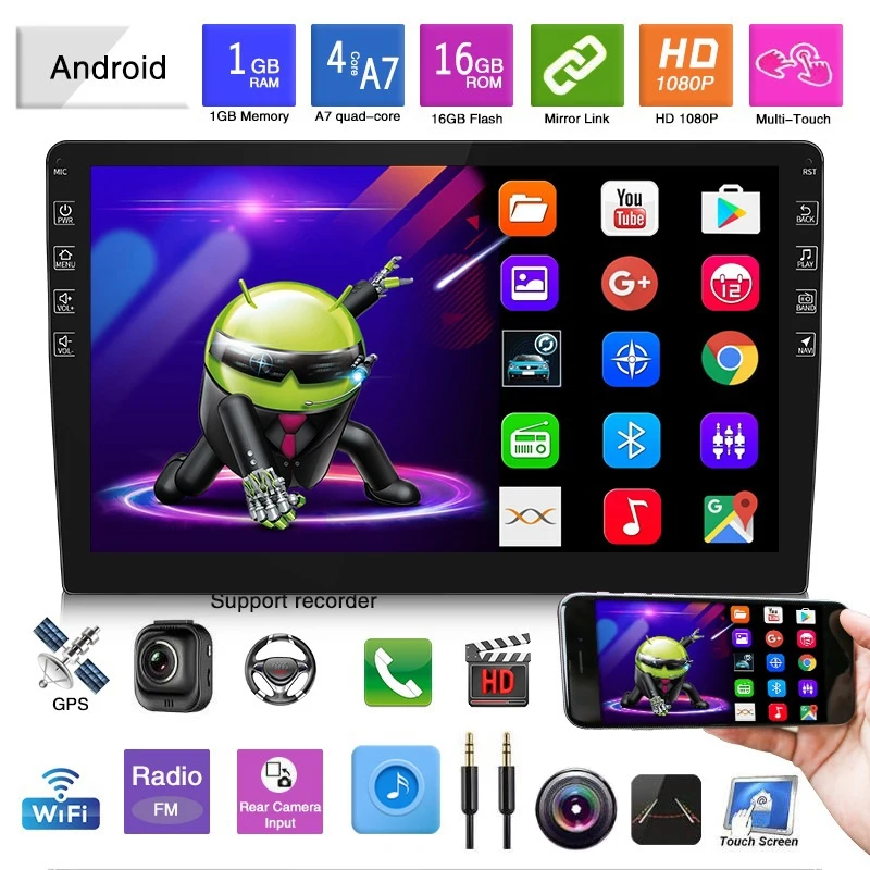 

10.1 Inch Press Screen Android 9.1 Hd 2.5D Quad Core 2 Din Car Mp5 Player 1Gb+16Gb Wifi Fm Radio Gps Navigation