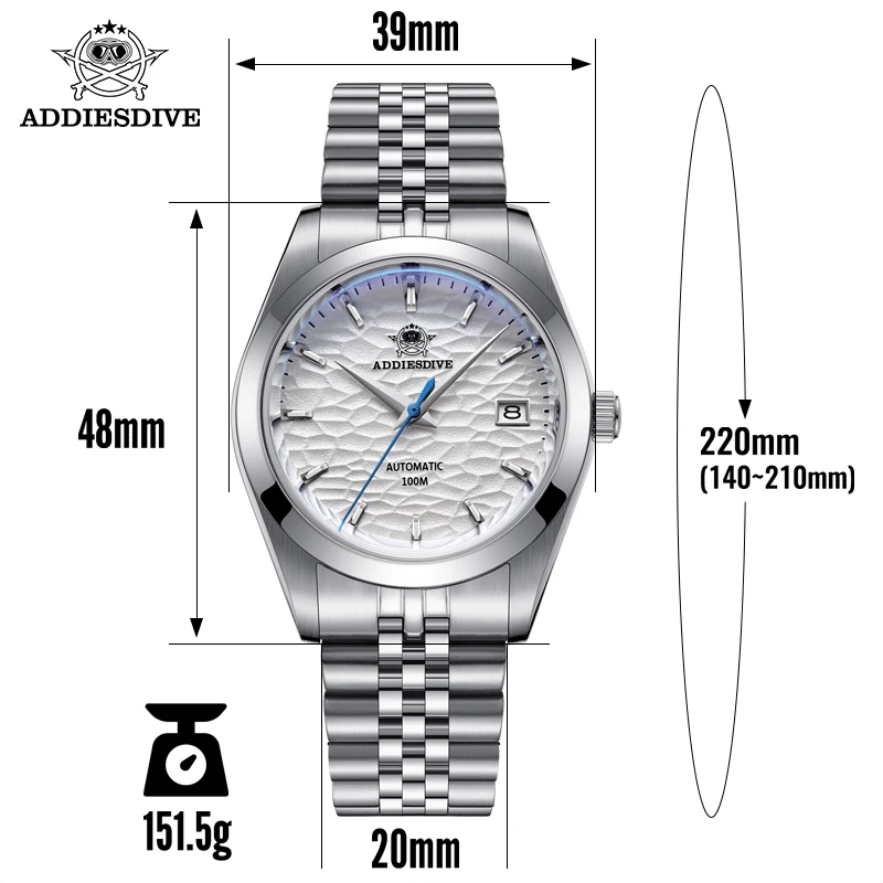 ADDIESDIVE AD2118 Watch For Men 100m Waterproof Jubilee Strap Sapphire Crystal NH35 Automatic Mechanical Watch Reloj Hombre