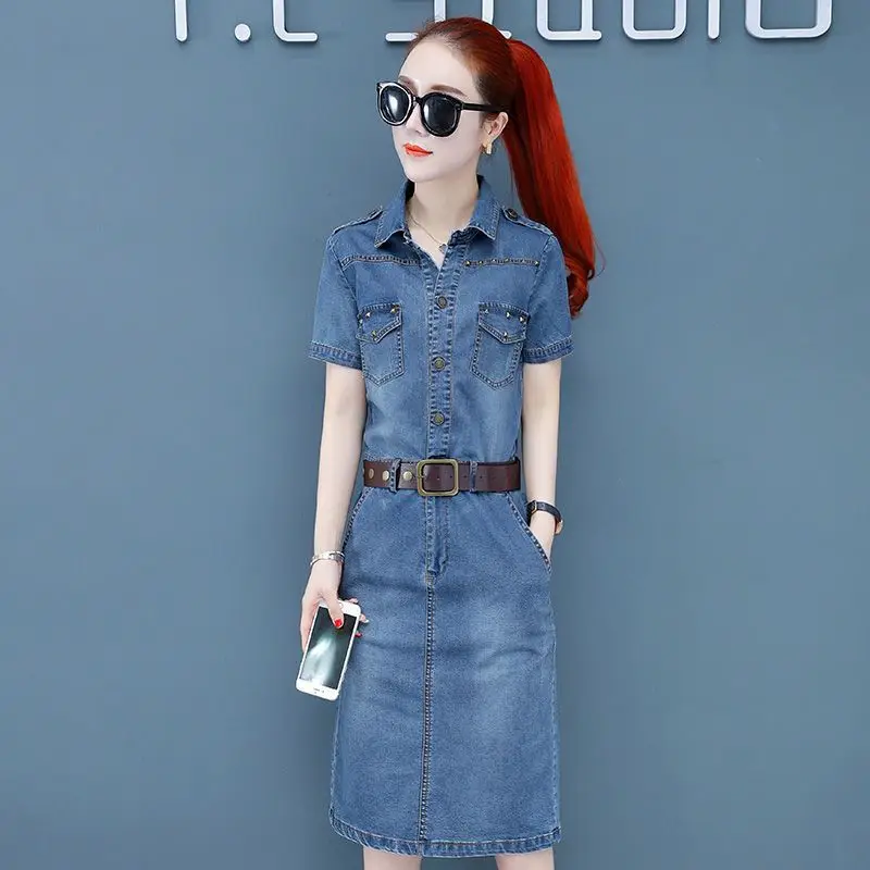 

Elegant Office Denim Dress Women Fashion Casual Rivet Waistband Wrapped Hip Dresses With Belt Summer Slim Short-Sleeved Vestido