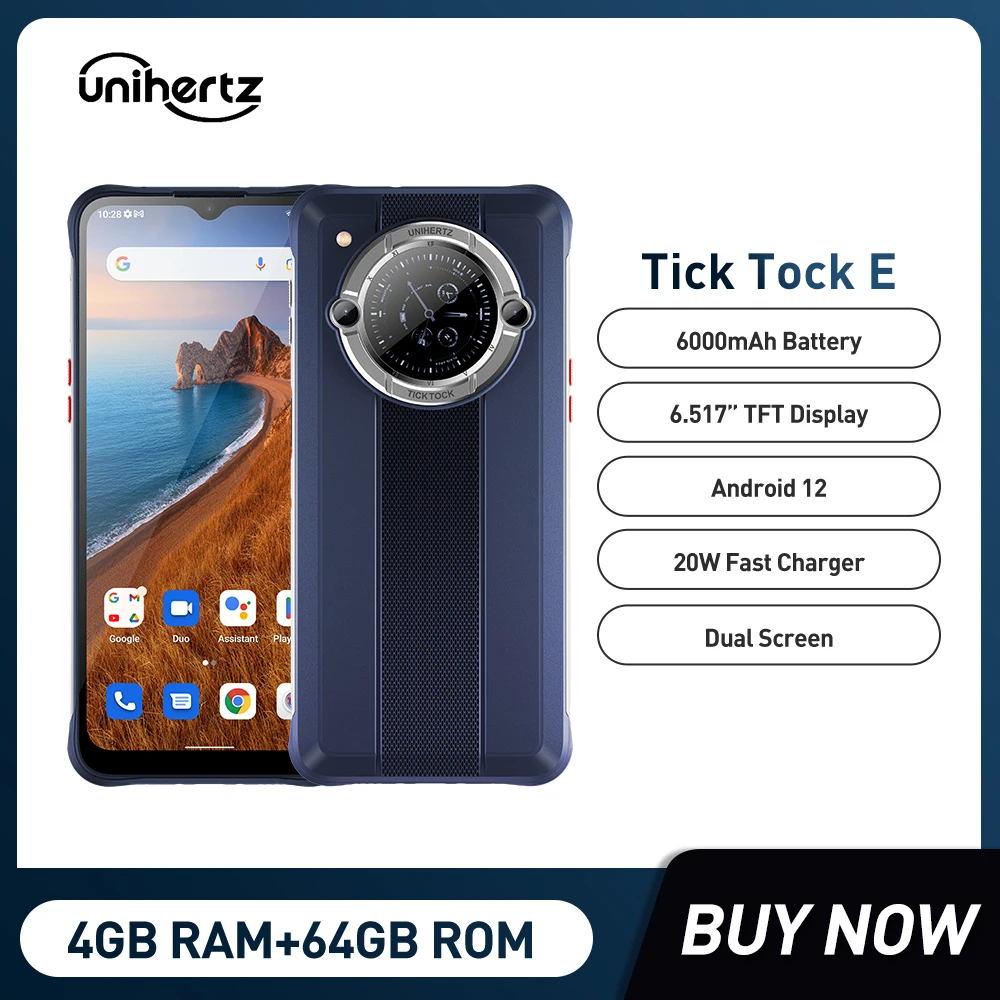 Unihertz Tick Tock E Android 12 Cellphones Smartphone 6.5 Inch 4GB 64GB Mobile Phone Smart Rear Display 6000mA Octa Core MTK6765