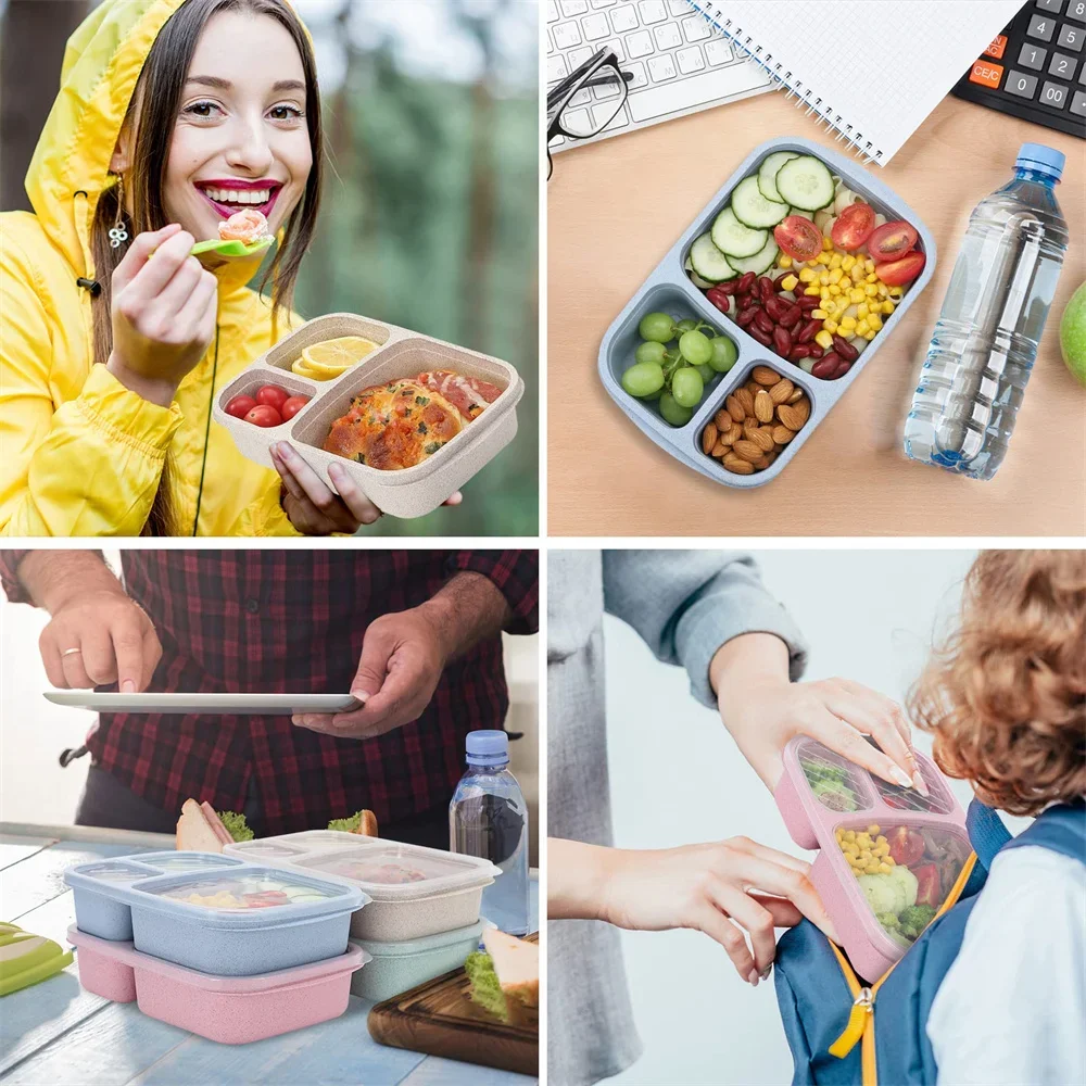 Bento Lunch Box Set 3 Compartment Food Storage Containers Wheat Straw Meal Prep Lunch Box Plastic Food Storage Container - 4