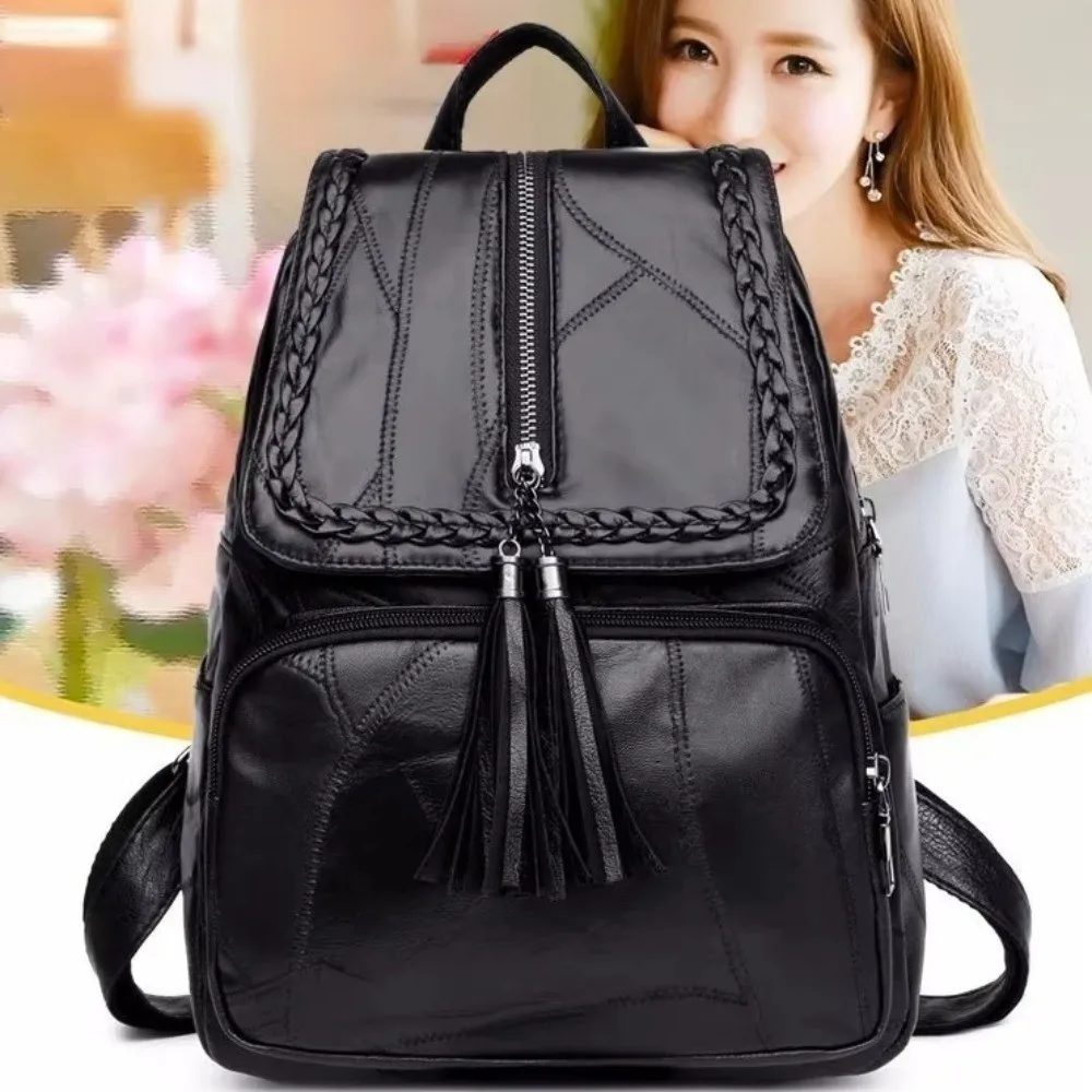 Cute Solid Color PU Leather Backpack Zipper Black Tasse Shoulder Bag Soft Handbag Students School Bag Outdoor 2