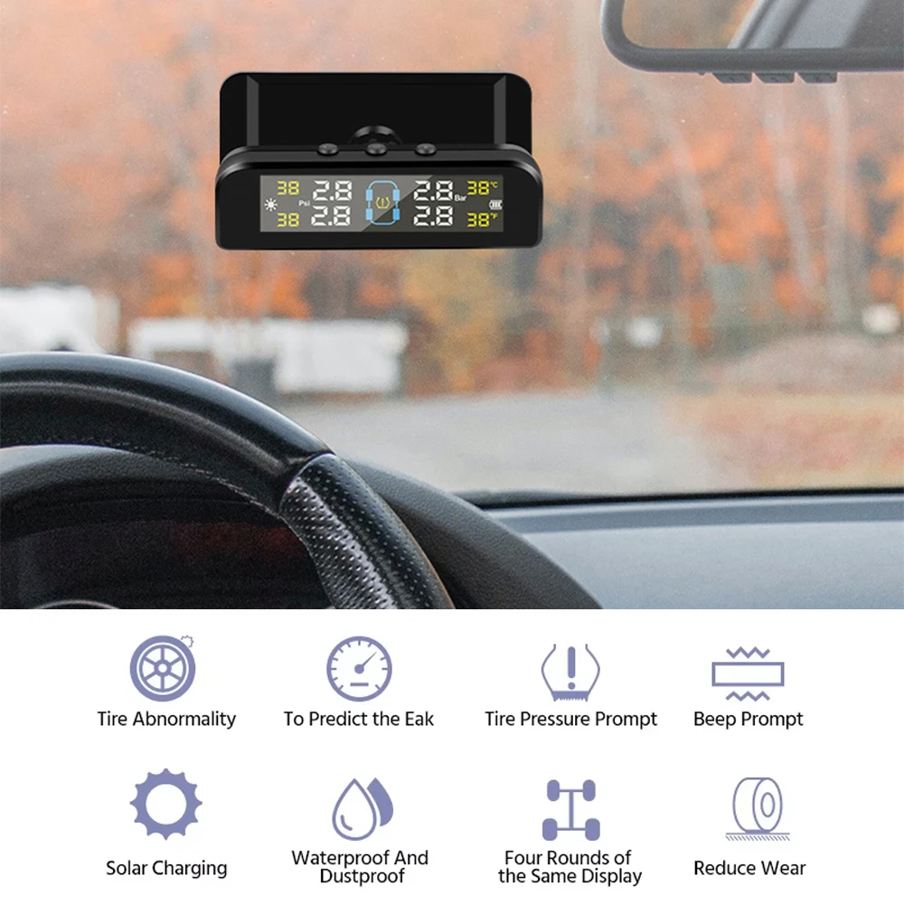 Sistema di Monitoraggio della Pressione degli Pneumatici con Controllo Automatico della Luminosità, Wireless, a Energia Solare, con 4 Sensori, Accessori Decorativi TPMS - immagine 2