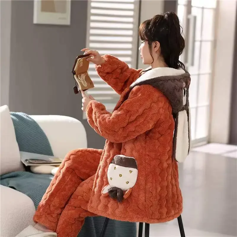 Famale Three Layers Coral Fleece Cotton Pajamas Women's Winter Thick Flannel Loungewear Girl Long Sleeve Plus-size Sleepwear Set