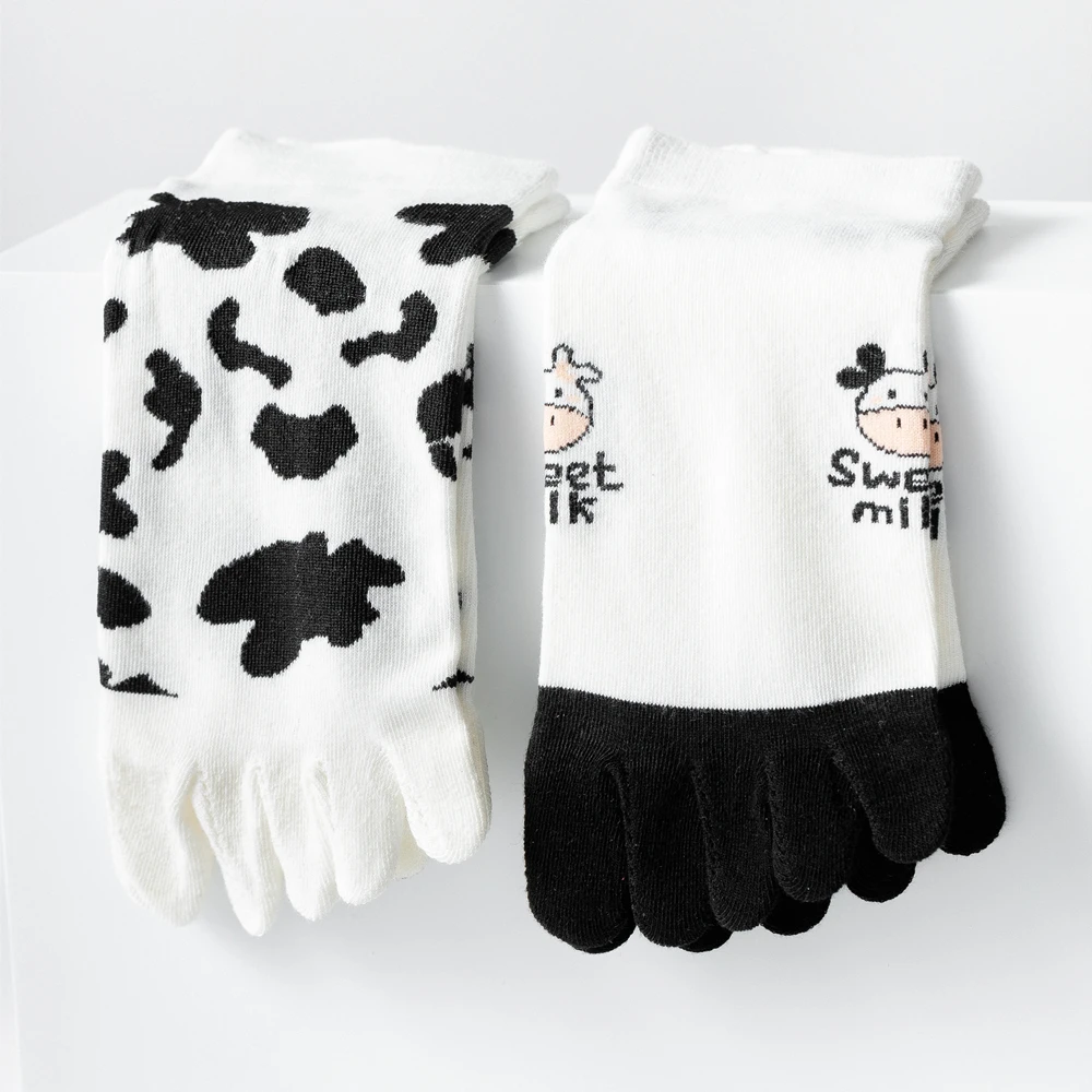 5 Paar neue Damen-Fünf-Finger-Socken, süße Milch, schwarz-weiße Streifen, Baumwolle, Sommer, flache geteilte Zehensocken, Mädchen-Sportsocken – Detail 5