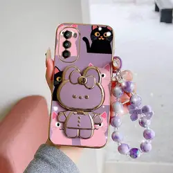 Charming Heart Trio: Phone Case with Lanyard & Rabbit Stand - Motorola Moto G54 Power (PURPLE)