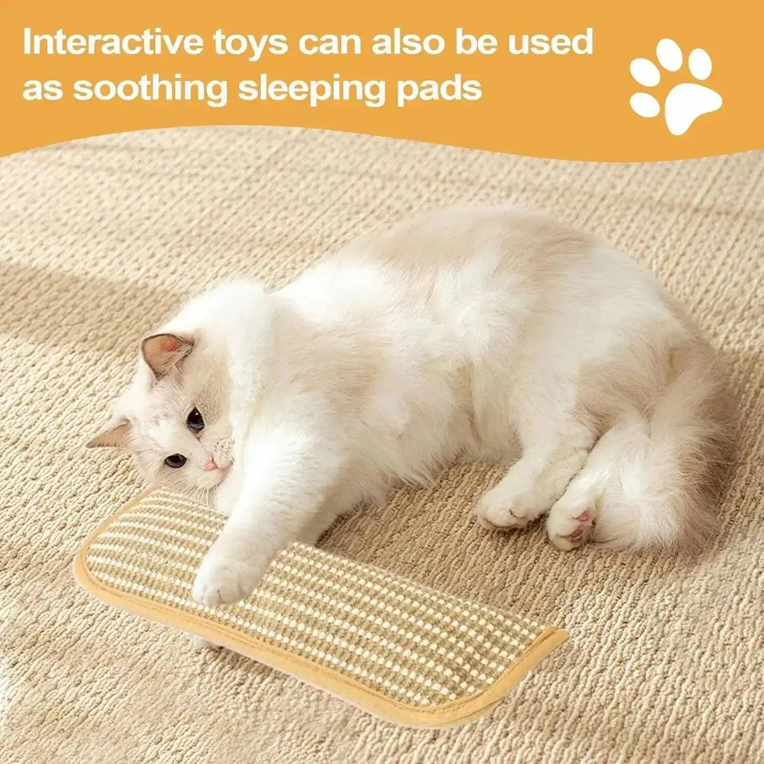 Interactive sisal cat scratcher toy with catnip pillow for kittens and indoor cats, designed for claw sharpening, chewing, scratching, and play.