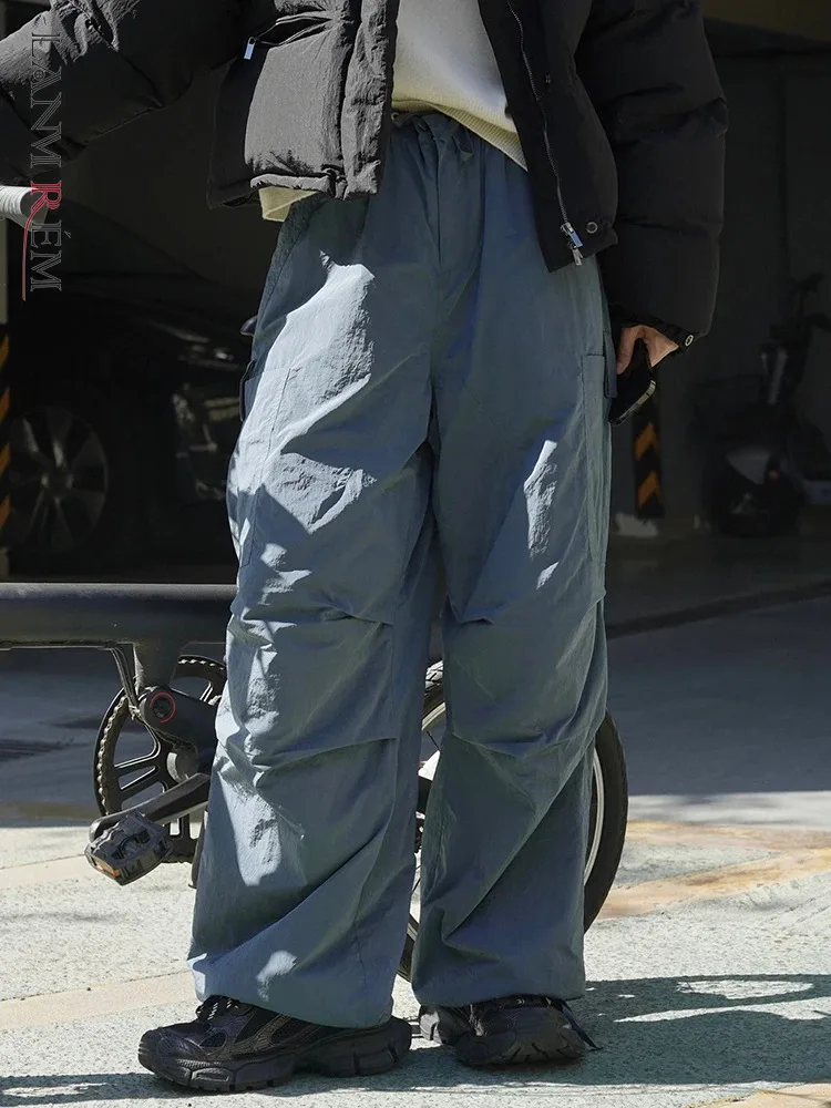 

[LANMREM] Drawstring Thick Warm Streetwear Pants For Women High Waist Wide Leg Trousers Tide Clothing 22023 Winter New 26D7399