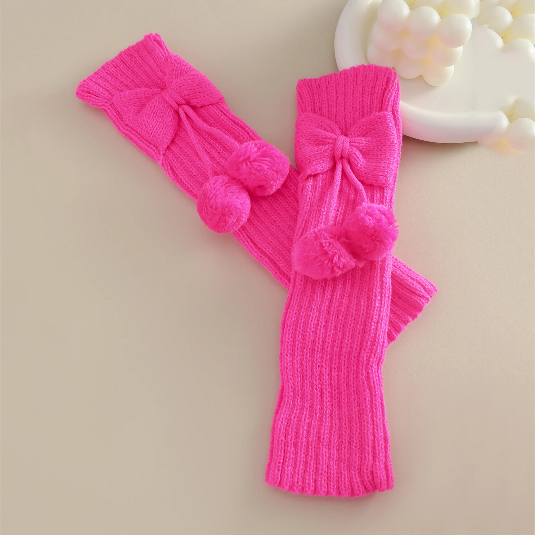 1 Pair Girls Solid Knit Knee High Leg Warmer Comfort Cute Bowknot Leg Cover With Pompoms