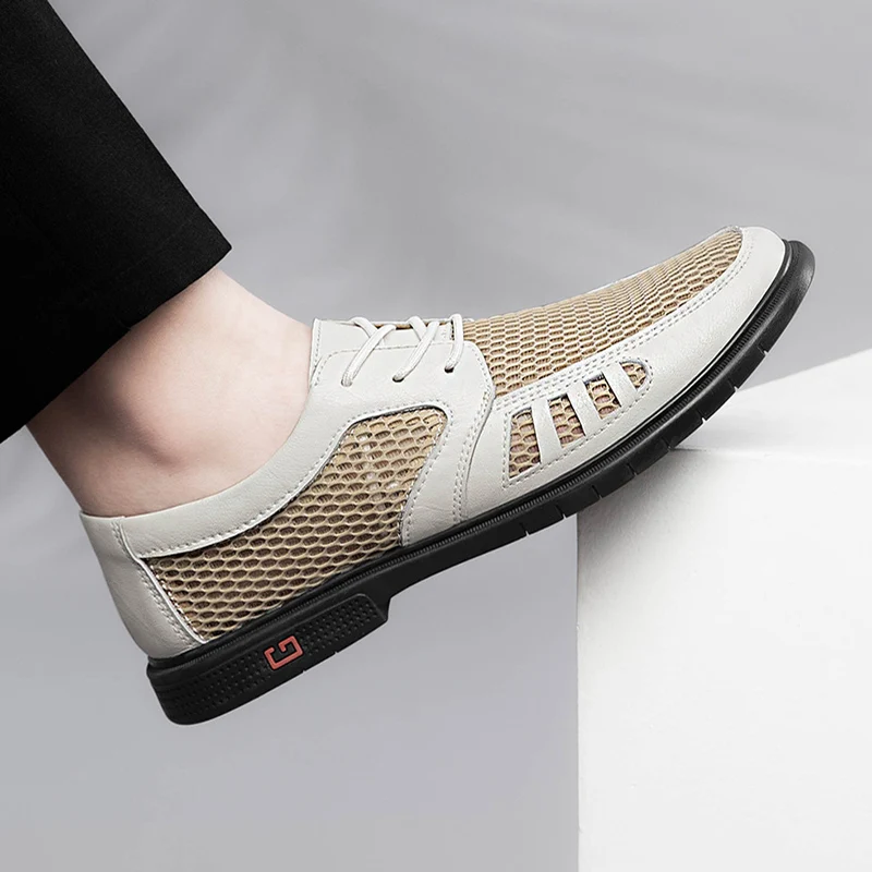 Summer Business Men's Dress Shoes Mesh Breathable Man Fashion Casual Shoes Genuine Leather Oxfords Work Zapatos Hombre