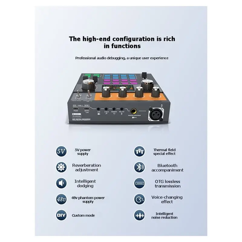 A13E-C200 블루투스 인터페이스가 있는 사운드 카드, 라이브 브이로그용 RGB DJ 믹서 효과가 있는 전문 사운드 보드