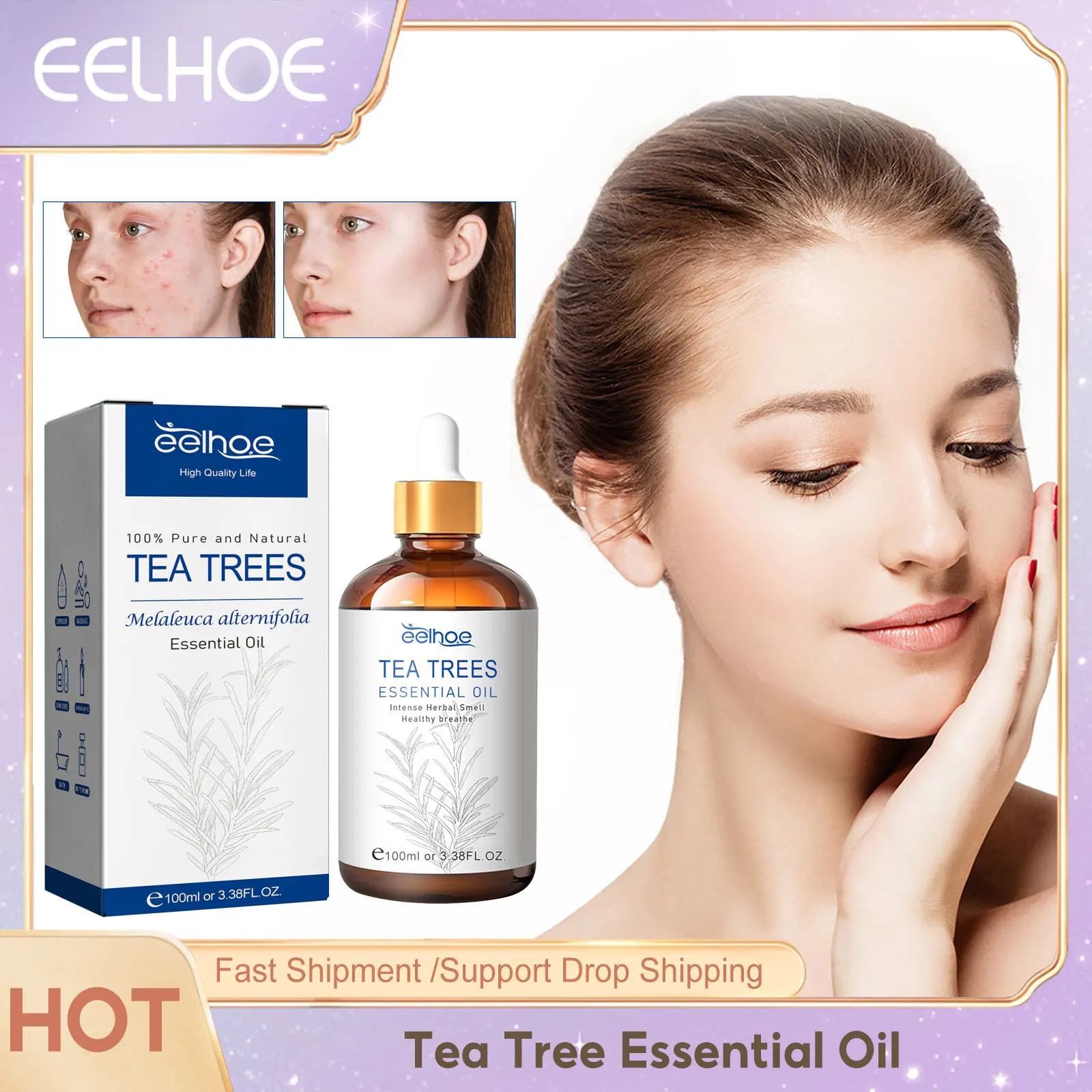 Tea Tree Oil for Face Shrink Pores Acne Treatment Deep Cleansing Nourish Repair Oil Control Anti Dry Soften Hair Nails Essence