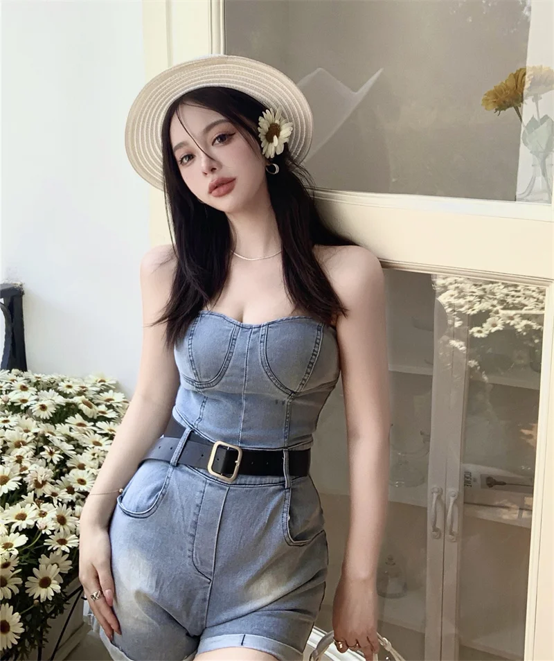 Women's Chic Strapless Slim Denim Playsuit Lady Summer Sexy Streetwear Solid Color Sleeveless Rompers