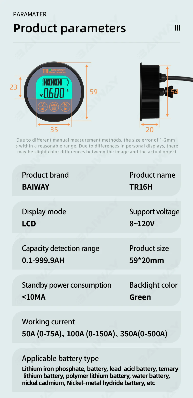 TR16H Coulometer DC8-120V Batteriekapazitätstester 50A/100A/350A Digitale Kapazitätsanzeige Batterie Wasserdichtes Amperemeter Voltmeter – Detail 11