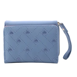 Women's Tri-Fold Wallet with Embroidered Love Pattern - Korean Minimalist Design (Blue)