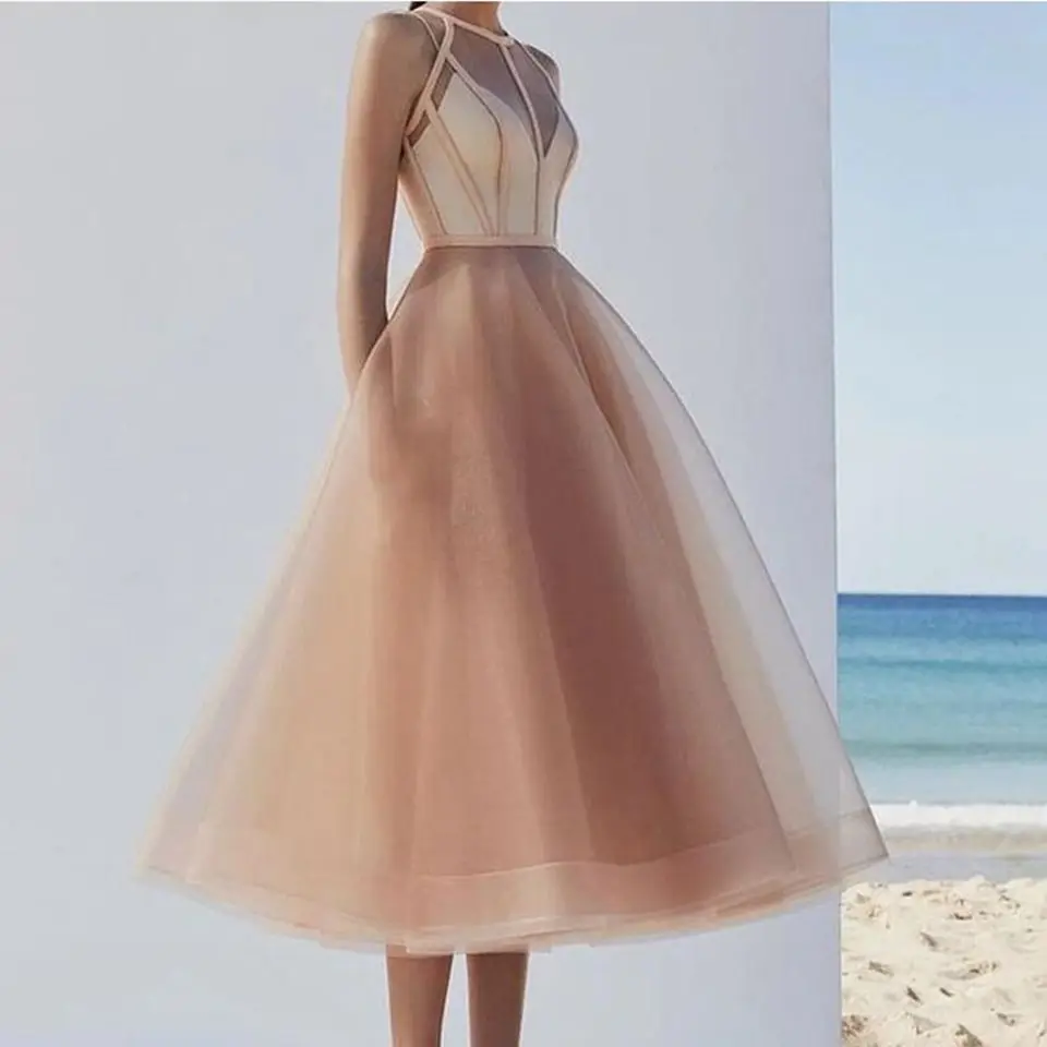 

Charming Champagne A-Line Party Prom Gowns 2023 Tea Length Sleeveless Tulle Formal Evening Dresses For Women Robes De Soirée
