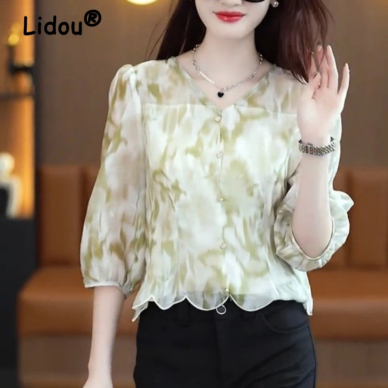 Women Fashion Print Elegant Chic Beaded Button Blouse Casual V Neck Half Sleeve Shirt Irregular Slim Tops Blusas Para Mujer 2024