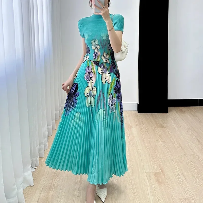 Women Summer Elegant Printed Short Sleeve Top +High Waist Pleated A-line Skirts Dress Sets Two Piece Set 2024 New Outfits