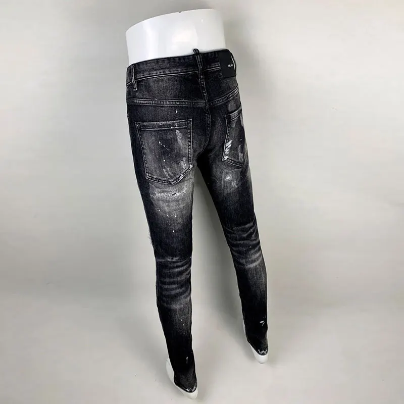 Street Fashion Men Jeans Retro Black Gray Stretch Slim Fit Patched Ripped Jeans Men Painted Designer Hip Hop Brand Pants Hombre