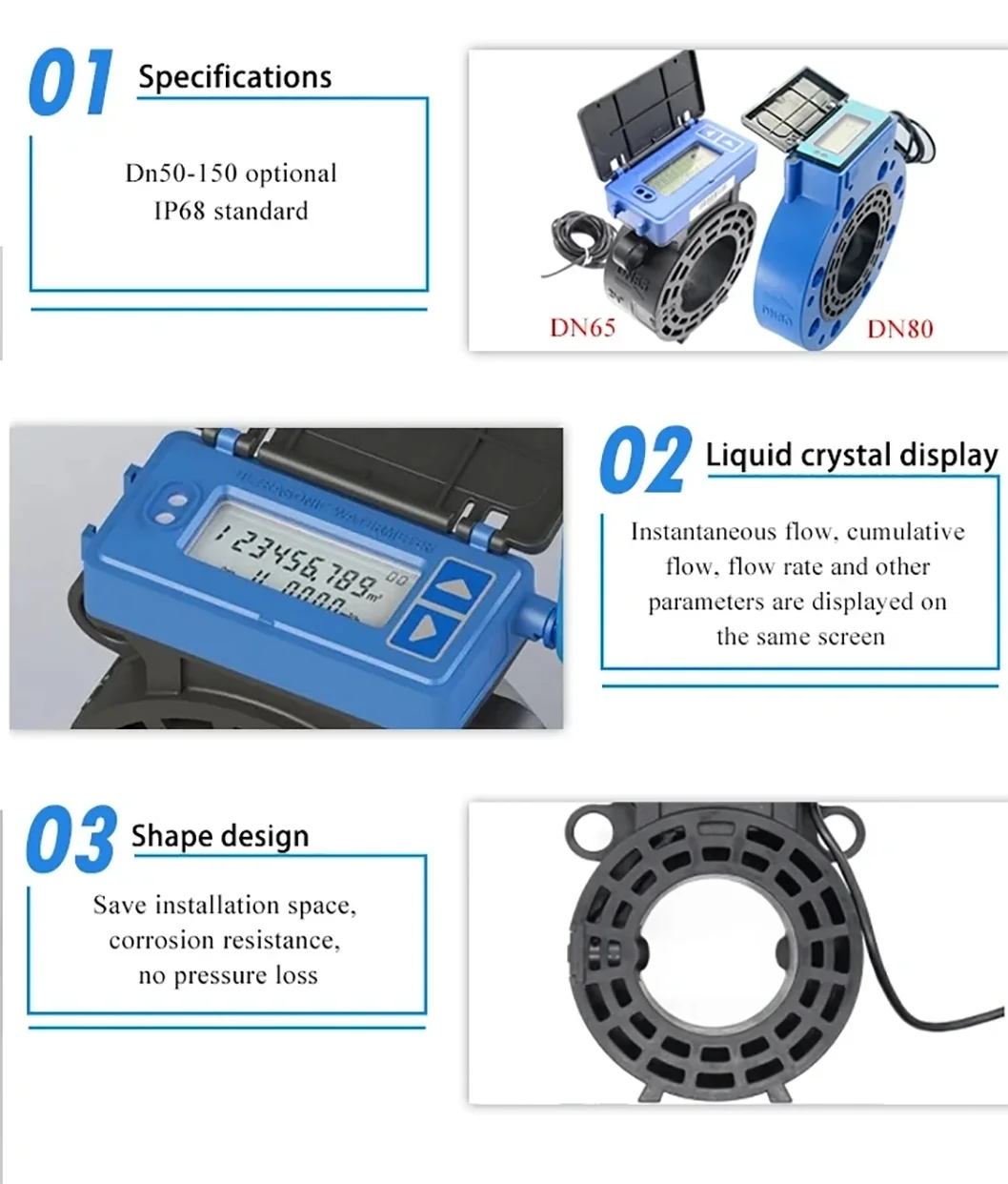 Digital Ultrasonic Water Meter RS485 Output Flowmeter Battery Powered Flange Cla