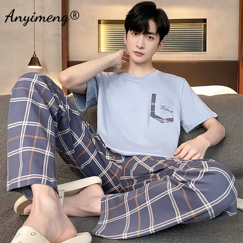 Pajama Sets Men Summer Knitted Cotton Pajamas Set Short Sleeve Plaid Pants Sleepwear Plus Size 4XL