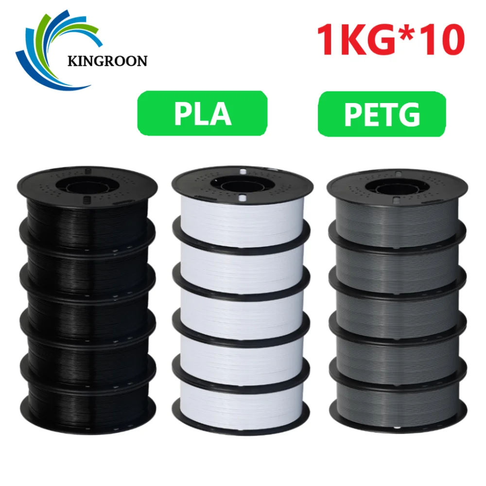 KINGROON 10KG PLA/PETG Filament 1.75mm Black White Gray 3D Printer Filament No Bubbles Plastic 10 Rolls Wholesale