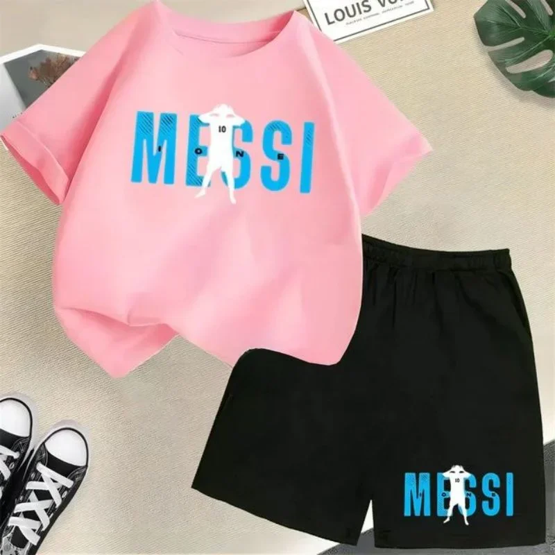 thumbnail image 1 of Nueva camiseta y pantalones cortos con estampado de Messi para niños y adolescentes, conjunto de 2 piezas, ropa de fútbol para niños y niñas, traje deportivo de moda de manga corta de verano, 1 of 5