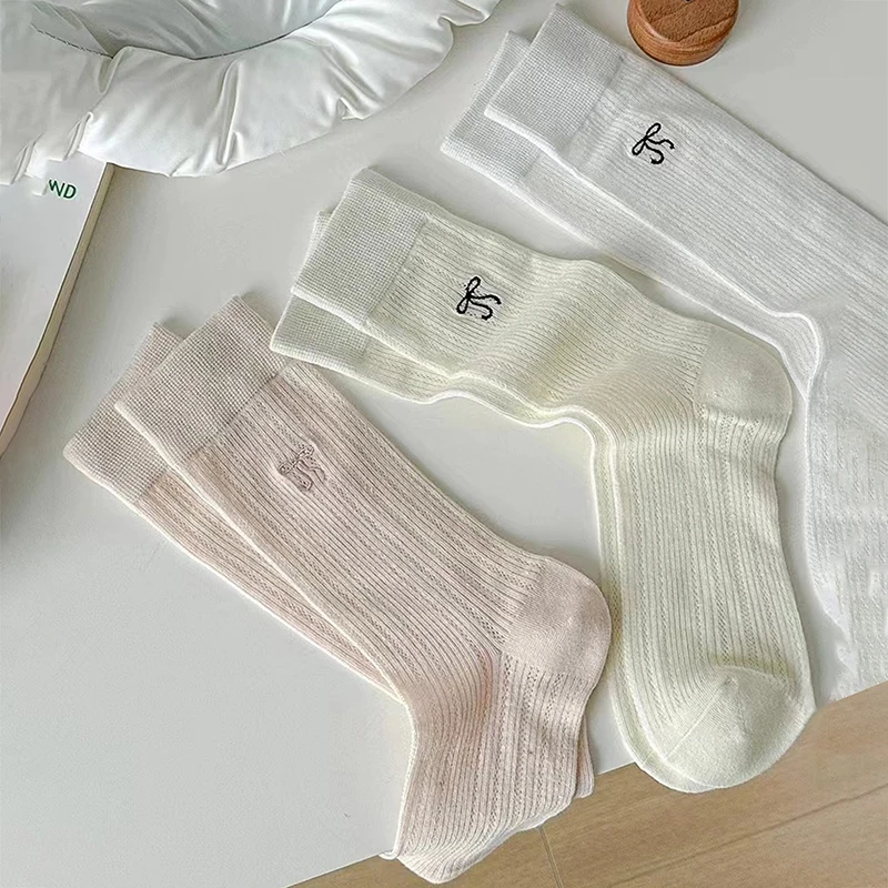 

1Pair Summer Thin Mid-tube Stockings Women Girls Sweet Lace Bow Sock Casual Crew Loose Sox Streetwears Hollow Out Long Socks