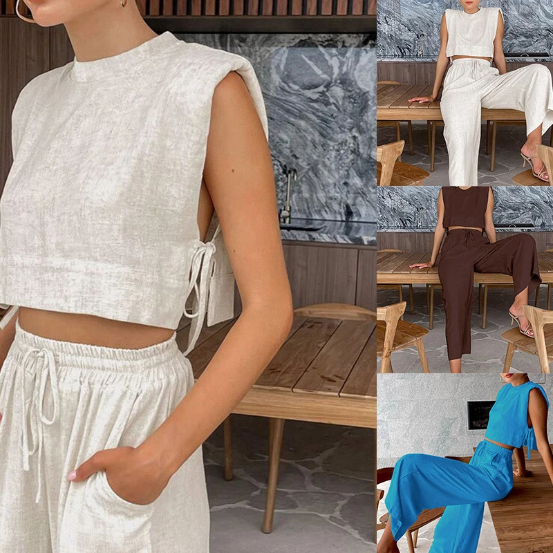

2023 Summer New Sleeveless Loose Top Pants Two Piece Fashion Casual Set Women's Wear Solid Color O-neck Top High Waist Pants