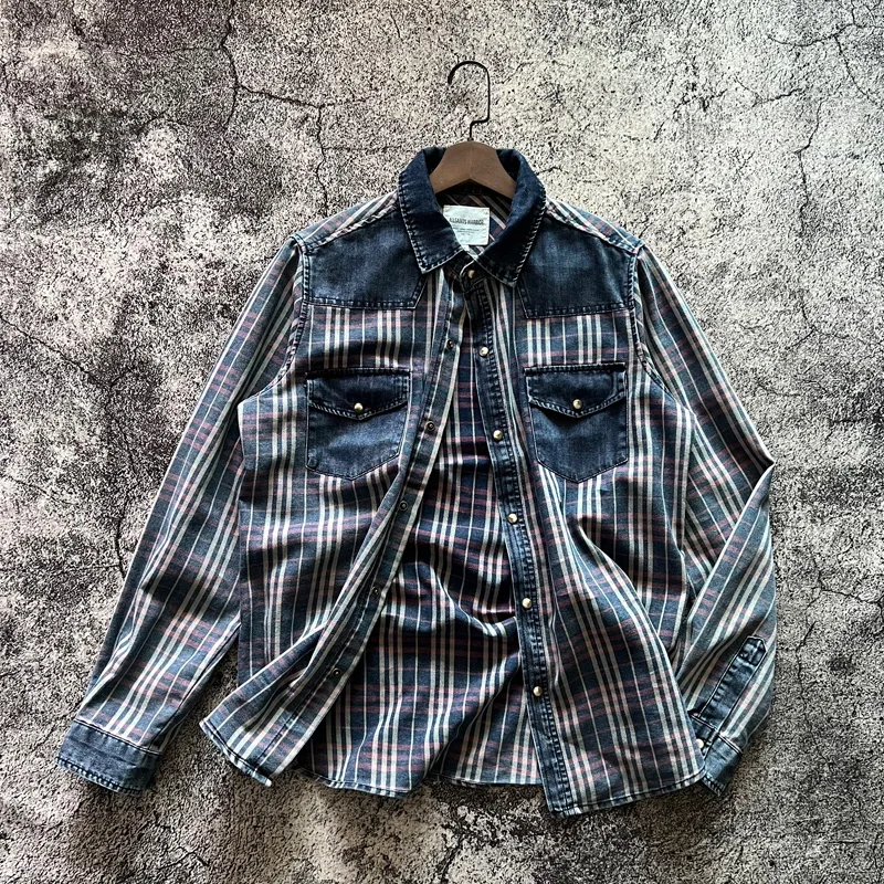 American Vintage Casual Colors Striped Patchwork Denim Shirts for Men Stylish Spring Autumn Clothes Y2k Youth Male Tops