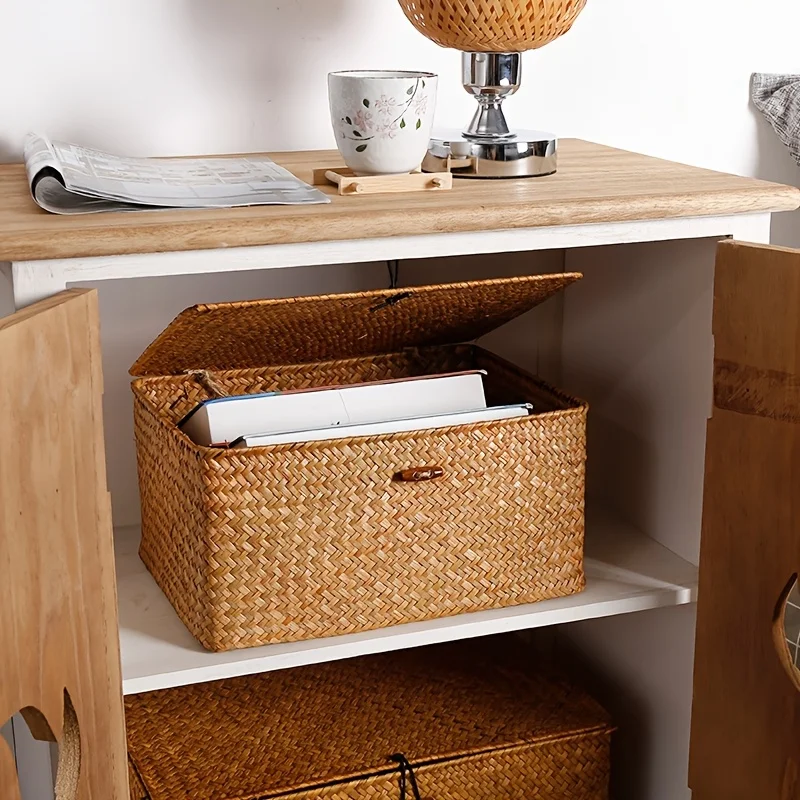 1PC Handmade Woven Storage Basket, Creative Retro Home Covered Storage Box, Gift Organizer Box Storage Organizers