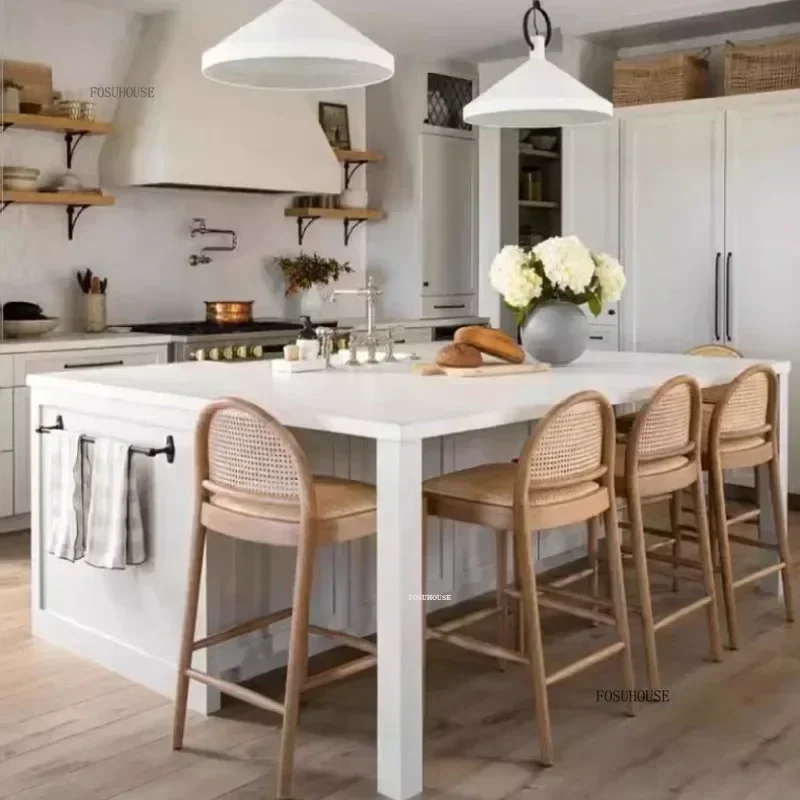 Woven Rattan Bar Chairs Commercial Barstools Modern Home Furniture Nordic Minimalist Solid Wood Kitchen High Stool H l