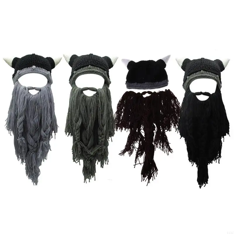 L5YC Interesting Barbarian Vagabond Beanie Hat Halloween Horns Bearded Caps Warm Keep Ear for Protection Hat for Women