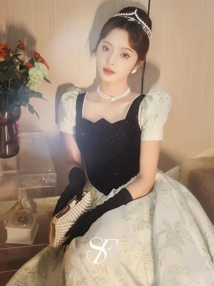 

French Vintage Women Short Sleeve Casual Evening Dresses Beauty Lady Princess Slim A-Line Lace Up Graduation Bridesmaid Gown New