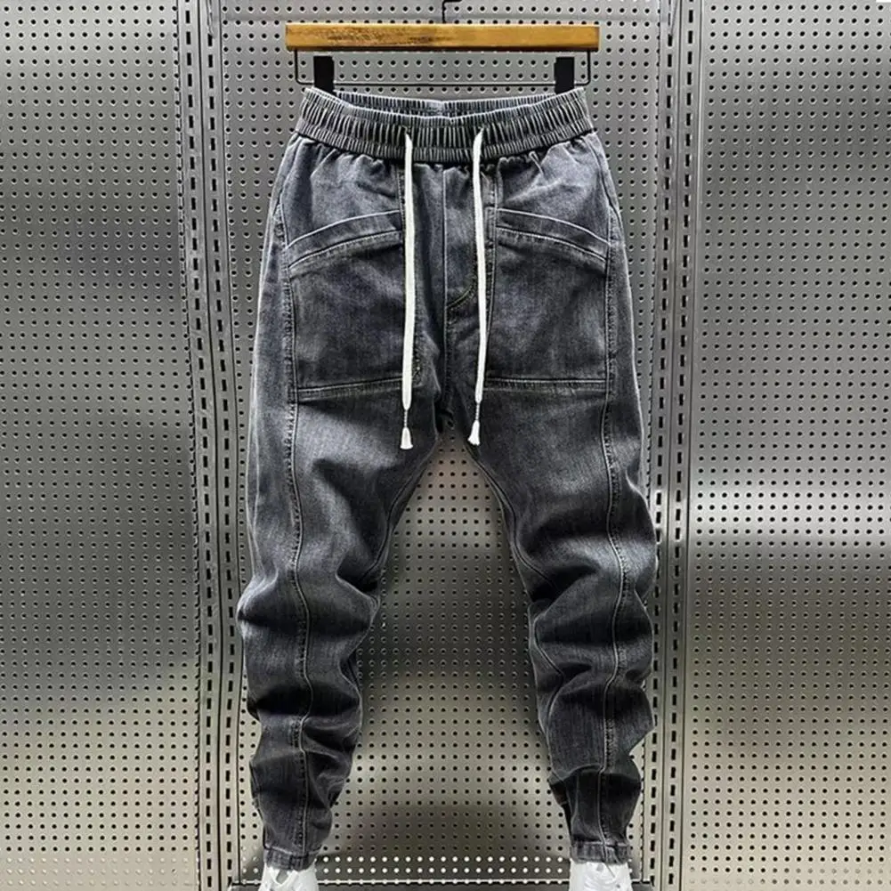 Spring Autumn Men Jeans Elastic Drawstring Waist Pockets Design Denim Pants Solid Color Casual Cargo Harem Trousers